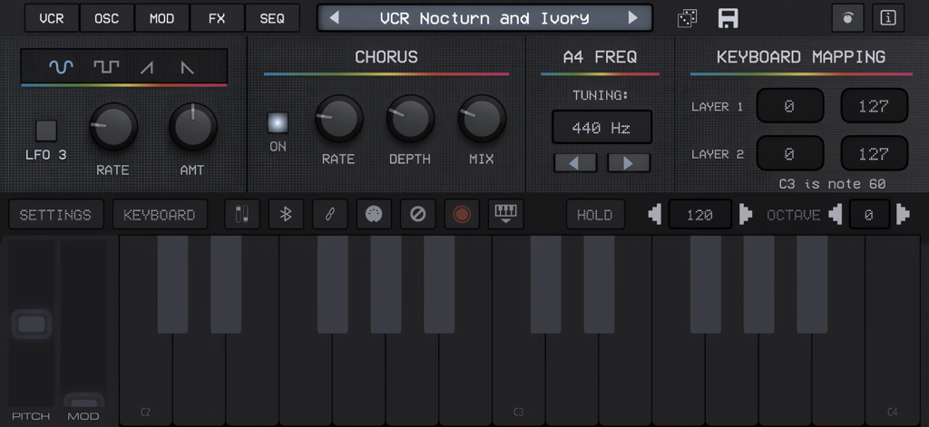 Interface of King of VHS VCR Synth showing modulation, chorus effects, and keyboard mapping settings
