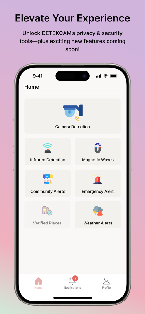 DETEKCAM: AI Camera Detector - The home screen of the DETEKCAM app showing various security tools like camera detection infrared and magnetic waves