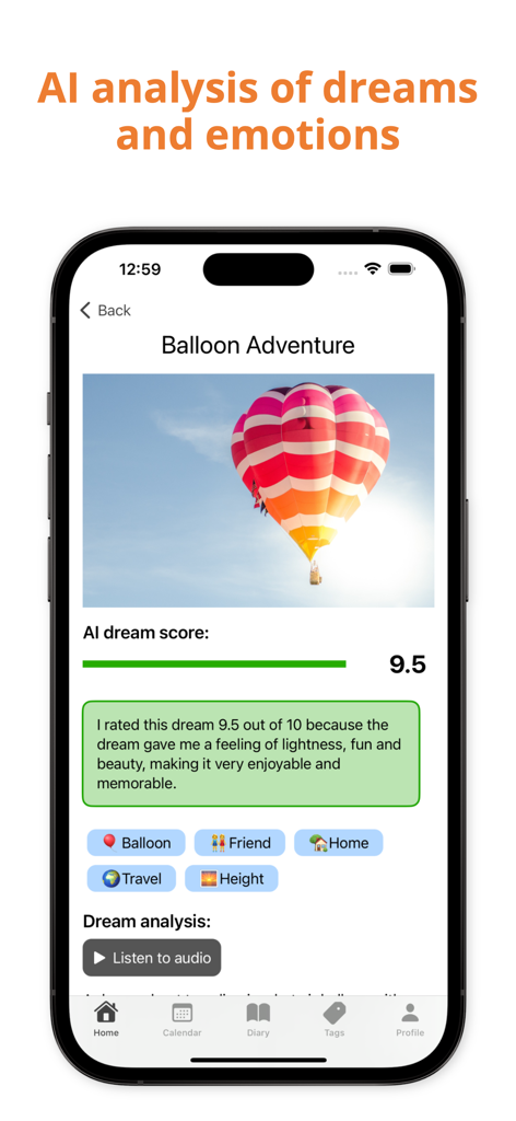 Mila app interface showing an AI dream analysis and score for a balloon adventure dream