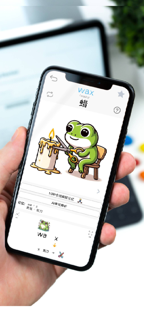 茶米单词-联想记单词，零基础趣味速记 - Chami Danci app showing a visual mnemonic for the English word wax with a cartoon frog illustration