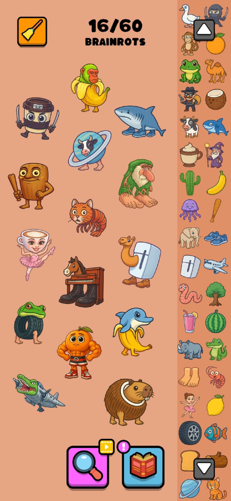 Brainrot Craft: Infinite Merge - Brainrot Craft gameplay screen showing a collection of merged meme characters like a banana monkey and a shark with shoes alongside a sidebar of elements.