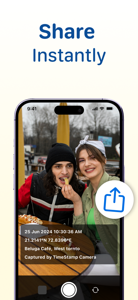 Time & Date Stamper on Photo - iPhone screen displaying a photo with a timestamp and GPS location stamp ready for instant sharing