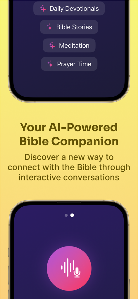 Bible Chat AI & Study Daily - Interface do aplicativo Bíblia Chat AI mostrando devocionais diários e opções de chat por voz