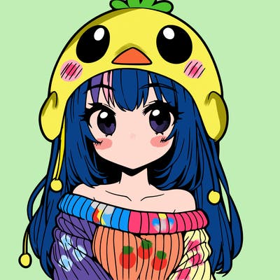 anime girl with chick shaped hat with sweater with bare shoulders with bangs covering them one eye with low tail