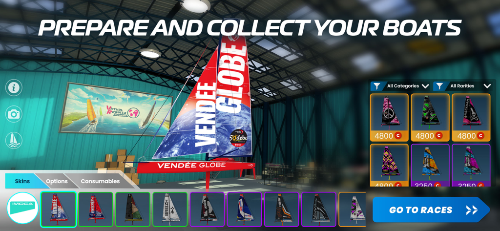 Virtual Regatta Offshore boat customization screen with Vendee Globe skin and sail options