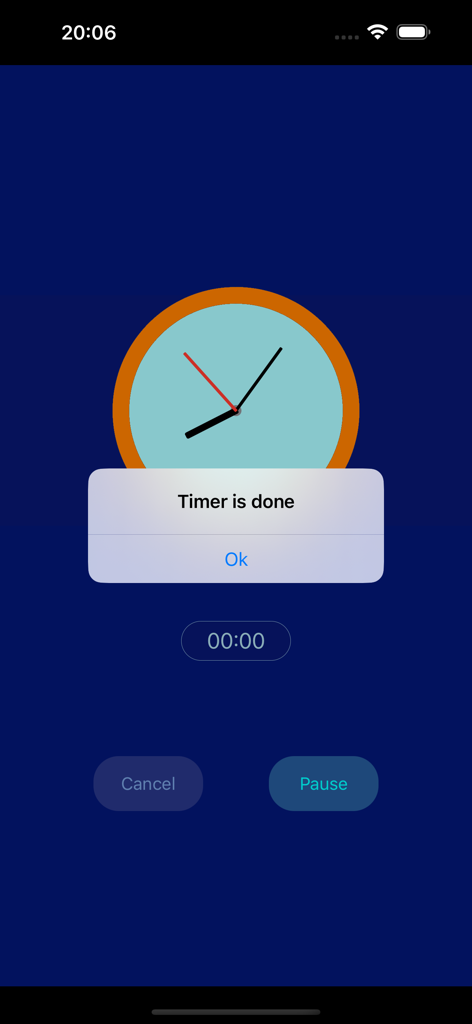 VibeTimer - Vibration Timer - Interfaz de la aplicación VibeTimer que muestra una notificación de que el temporizador ha finalizado con un ícono de reloj visual.