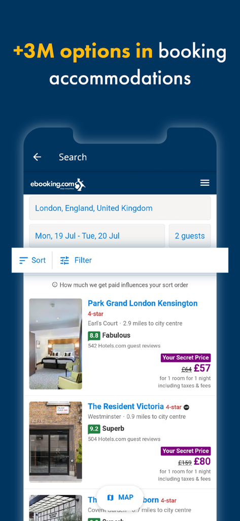 Booking Hotels with eBooking - Screenshot of eBooking mobile app showing hotel search results in London with guest ratings and secret prices.