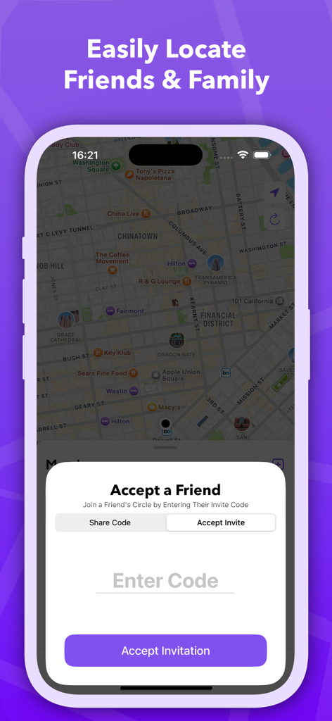 SpyNger: Find Family & Friends - SpyNger app interface showing a map and a prompt to enter an invite code to join a family circle