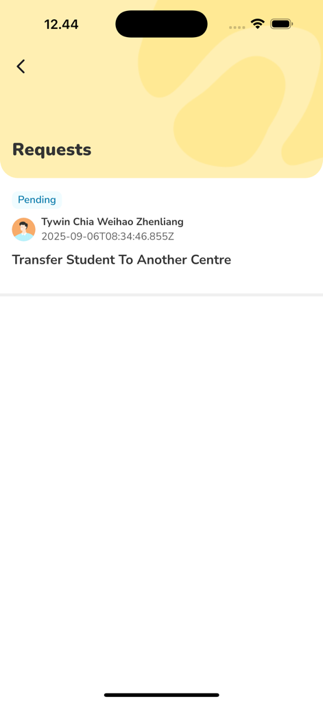 LittleLives for Parents - Interface of LittleLives for Parents app showing a pending request to transfer a student to another center