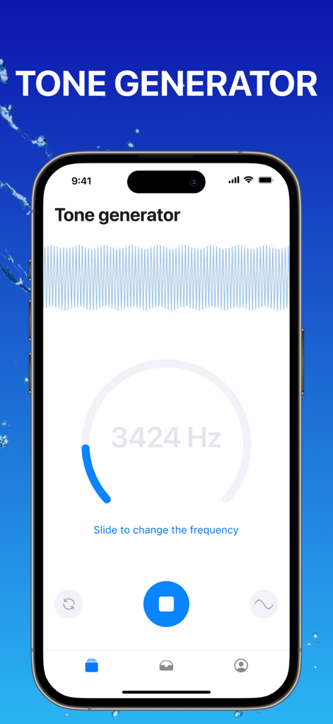 Clear Wave app tone generator interface showing a frequency of 3424 Hz on an iPhone screen with a water splash background