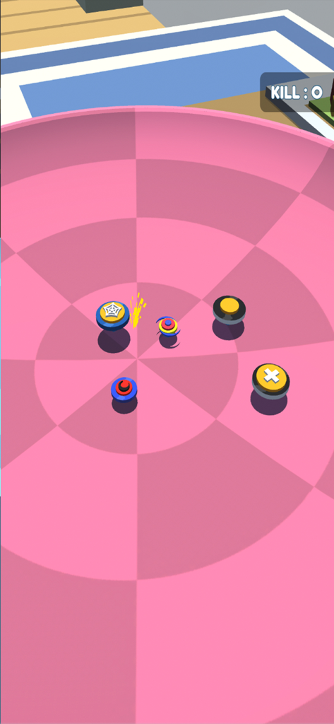 Multiple spinning blades battling in a pink circular arena in Blade Battle IO