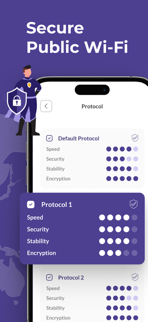 Presto VPNアプリのインターフェース。プロトコルの選択設定と、安全な公共Wi-Fiのパフォーマンスメトリクスが表示されています。