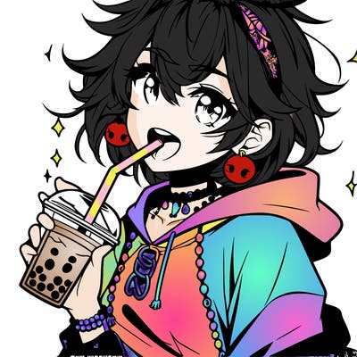 hot baddie anime girl drinking boba and biting the straw