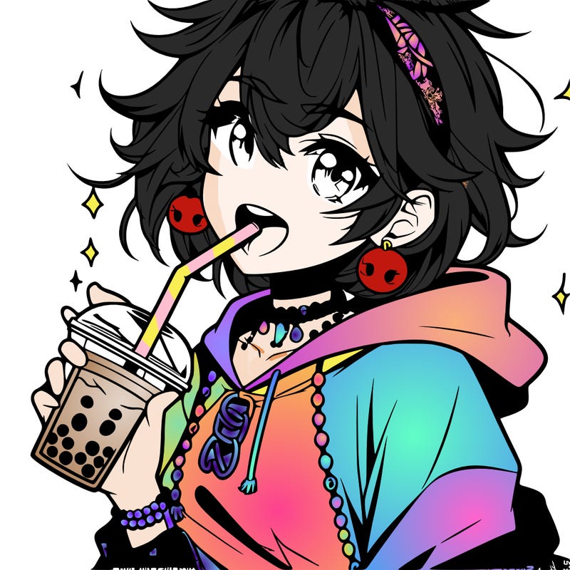 hot baddie anime girl drinking boba and biting the straw