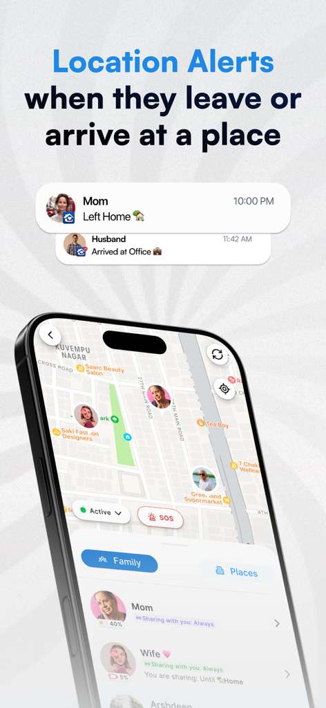 SuperFam - Shared Family App - 실시간 가족 위치 알림 및 지도 보기를 표시하는 SuperFam 앱 인터페이스