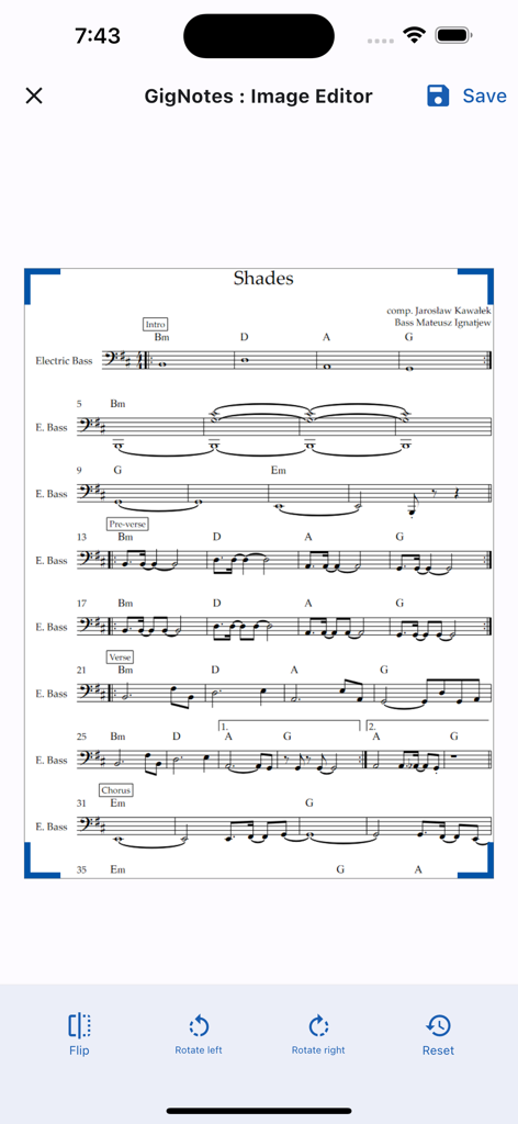 GigNotes – Setlists & Sheets - Editing sheet music for bass guitar in the GigNotes app image editor.