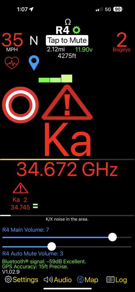 R4 Companion app interface showing a Ka band radar alert with signal frequency and vehicle speed