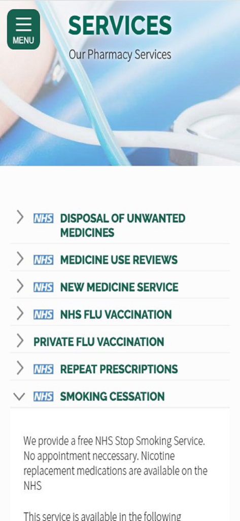 The Prescription App - Schermata che mostra un elenco di servizi farmaceutici tra cui prescrizioni ripetute e vaccinazioni antinfluenzali