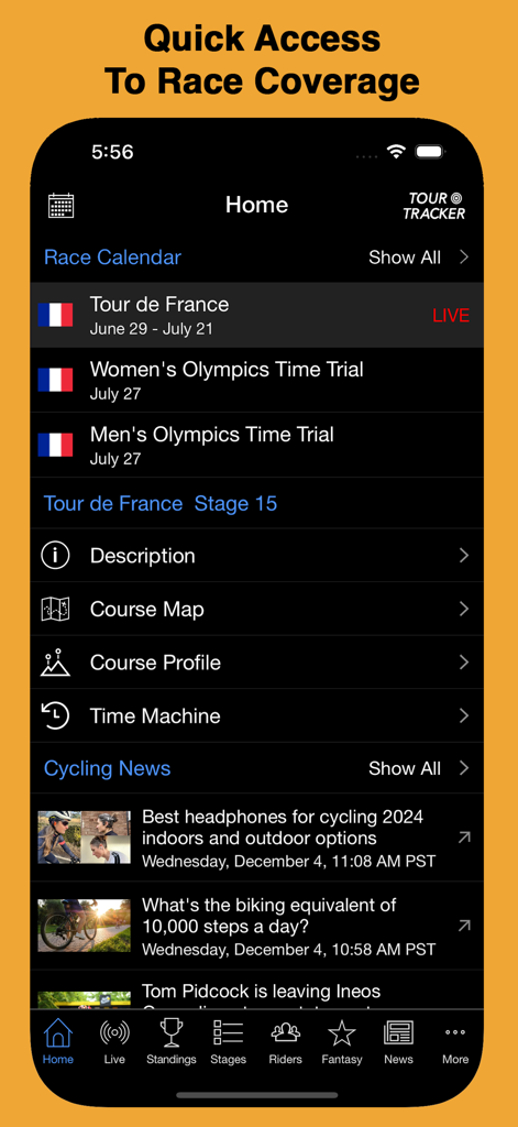 Écran d'accueil de l'application Tour Tracker Pro Cycling affichant le calendrier des courses et les informations sur l'étape en direct
