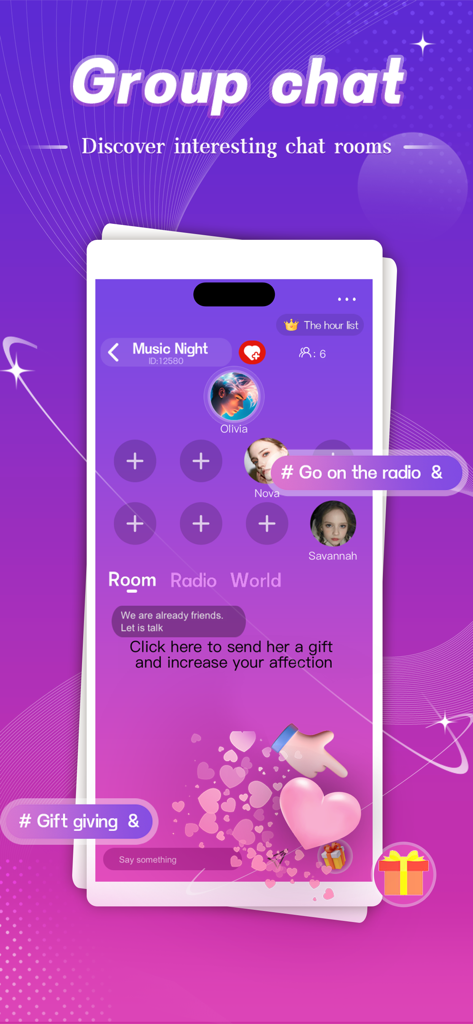 Soulfree - A mobile interface of the Soulfree app showing a group voice chat room with interactive gifting and user avatars.