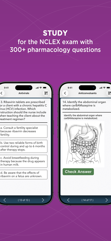 Nursing student studying for the NCLEX exam with pharmacology practice questions on the NDH app