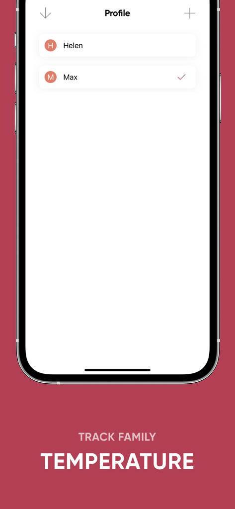 A screen in the AI Body Temperature Analyser app showing multiple profiles for Helen and Max to track family health.