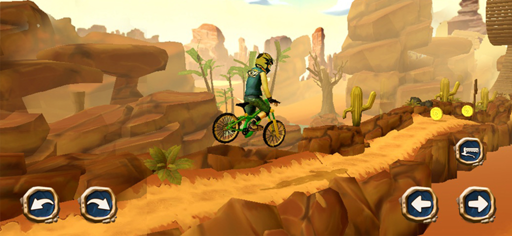 Dirt Bike Hill Racing Game - Un ciclista realizando un salto en una moto de cross verde en un cañón desértico.