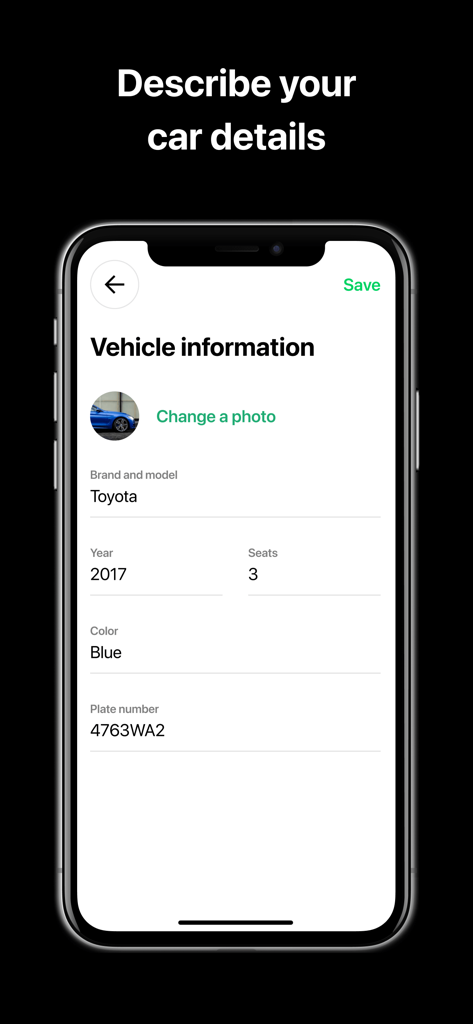 Nala Taxi Driver App - 브랜드, 모델, 연식, 좌석 수, 색상 필드가 표시된 Nala Taxi 드라이버 앱 차량 정보 화면