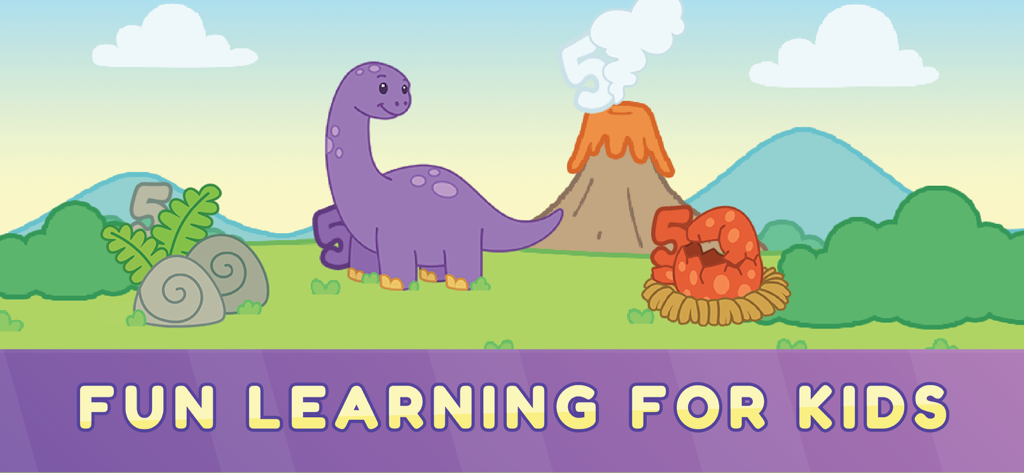 A cute purple dinosaur and a smoking volcano in a colorful landscape with the text fun learning for kids