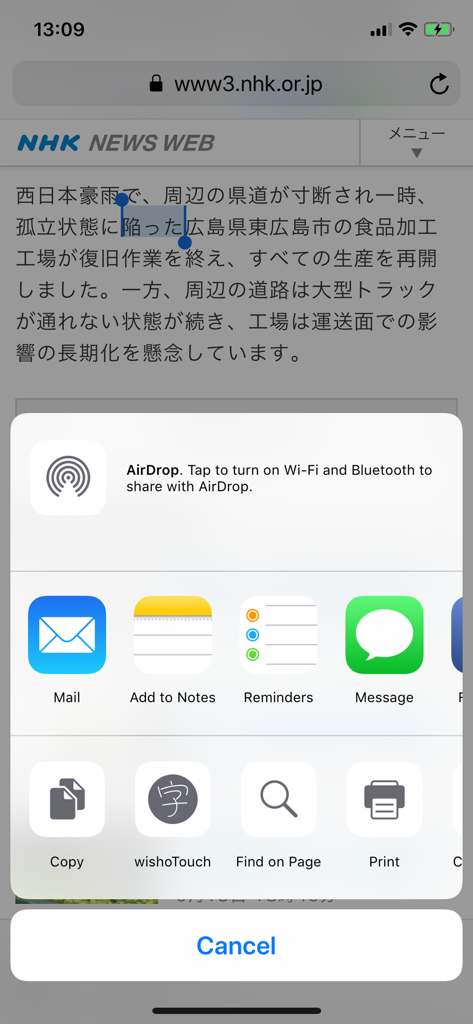 wishoTouch Japanese dictionary - A smartphone screen displaying the wishoTouch share extension for quick Japanese word lookups from a web browser.