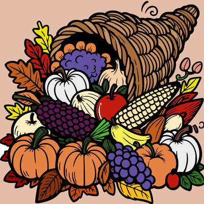 a cornucopia spilling out autumn fruit%2c vegetable