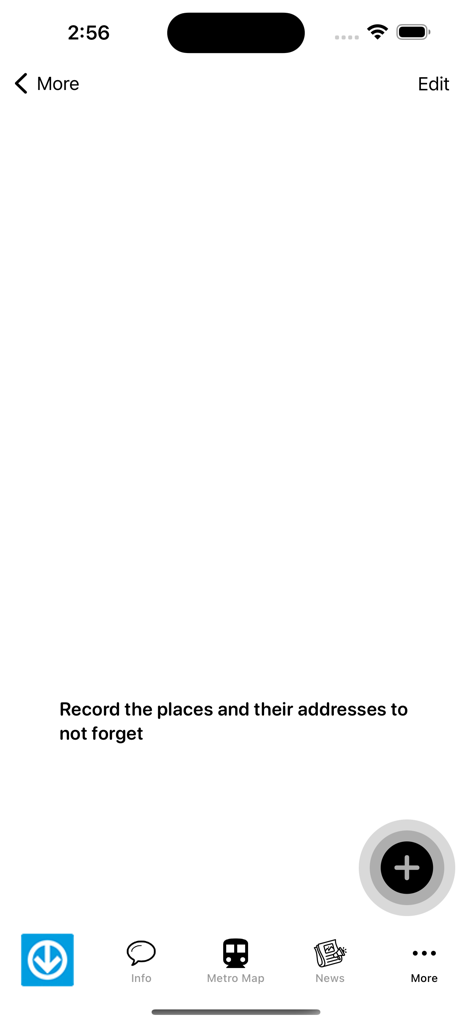 Pantalla de la aplicación Mapa del Metro de Montreal para registrar lugares y direcciones.