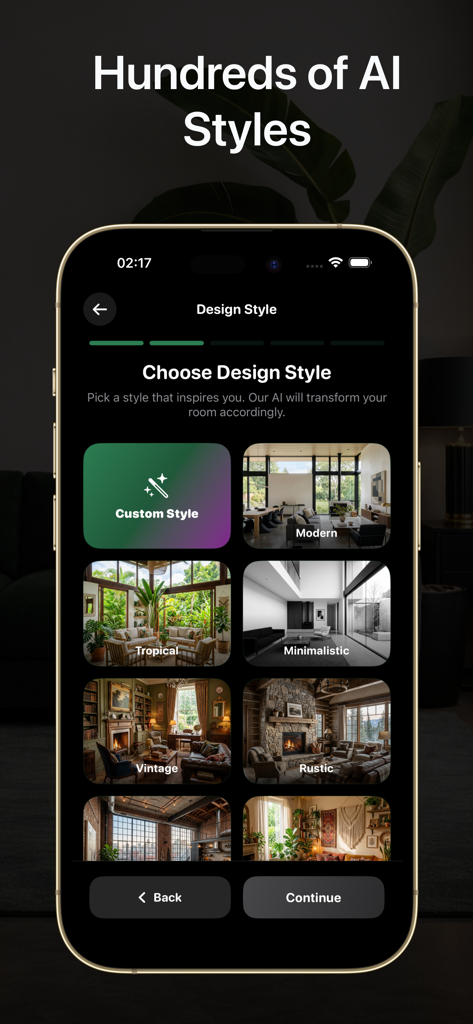 AI Room Design - Decor - Auswahlbildschirm für verschiedene KI-Inneneinrichtungsstile, einschließlich Modern Tropical und Minimalistisch
