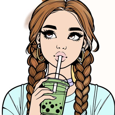 realistic girl with braided hair drinking boba