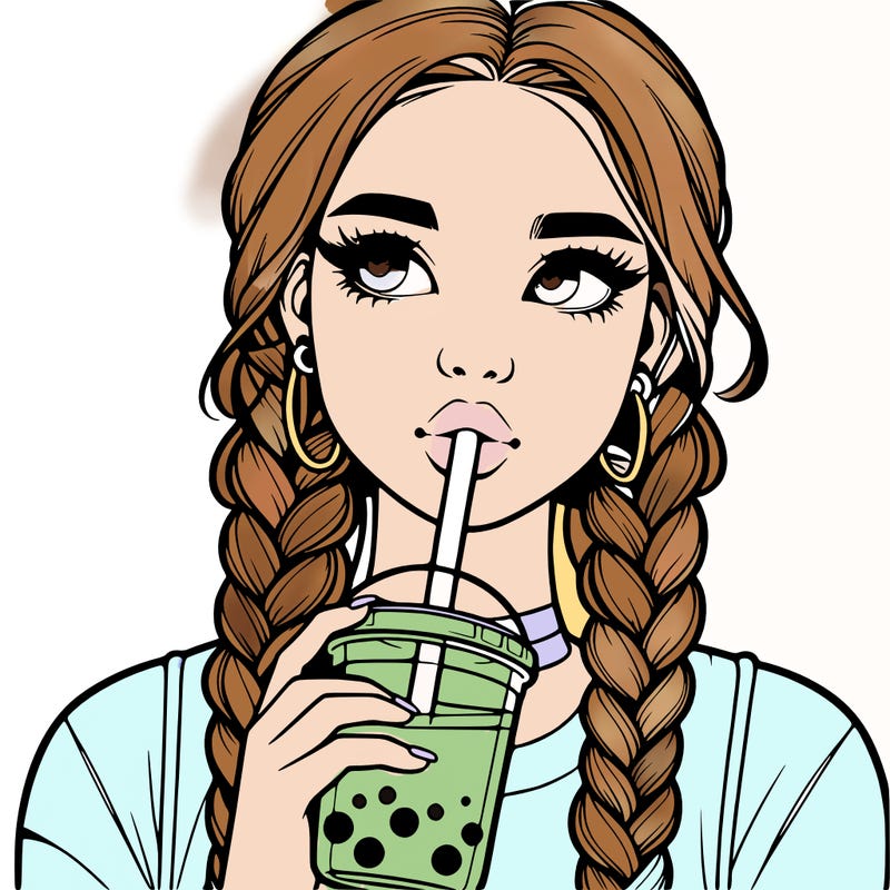 realistic girl with braided hair drinking boba