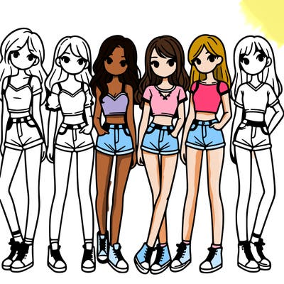 a group of girls wearing crop tops and shorts