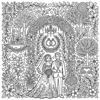 Step into a world of romance and nature with this beautifully detailed wedding coloring page. Featuring a happy couple surrounded by lush botanical elements and symbolic wedding details, it's perfect for celebrating love.