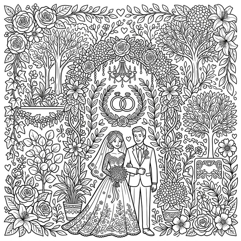 Step into a world of romance and nature with this beautifully detailed wedding coloring page. Featuring a happy couple surrounded by lush botanical elements and symbolic wedding details, it's perfect for celebrating love.