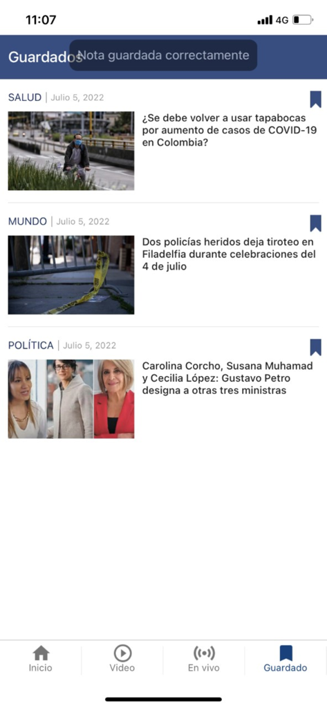 Interface of the Noticias Caracol app showing the saved articles section with news about health world events and politics
