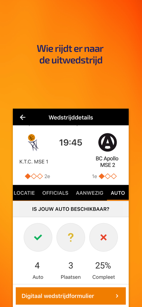 Mobile app screen for organizing carpooling and vehicle availability for a korfball match