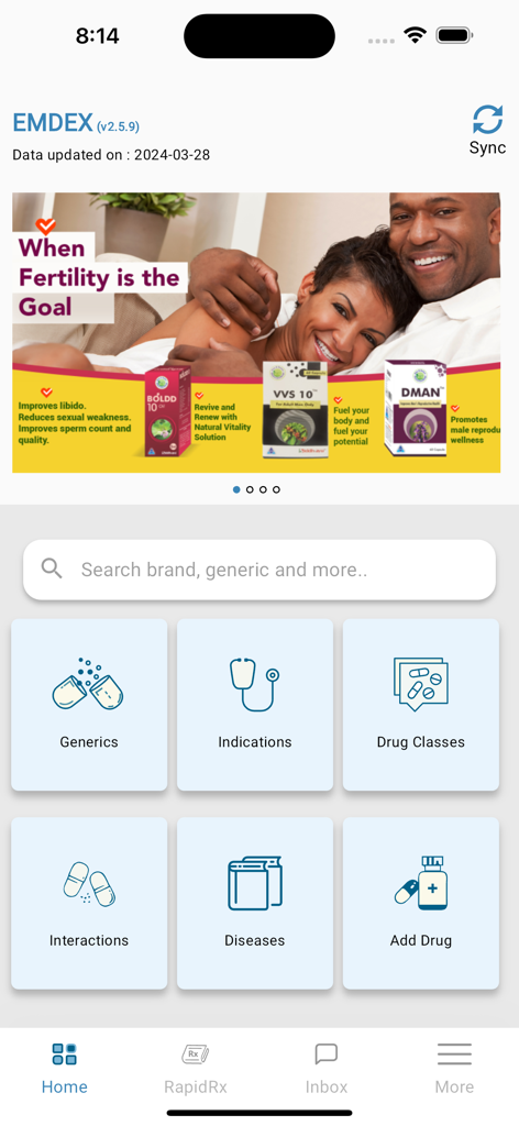 EMDEX Reference - EMDEX Referenceアプリのホーム画面。医療専門家向けの医薬品検索および医療カテゴリタイルが表示されます。