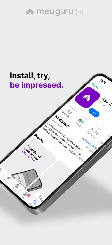 Prévia da App Store do app de estudo Guru AI mostrando avaliações e recursos de ajuda com dever de casa GPT-4