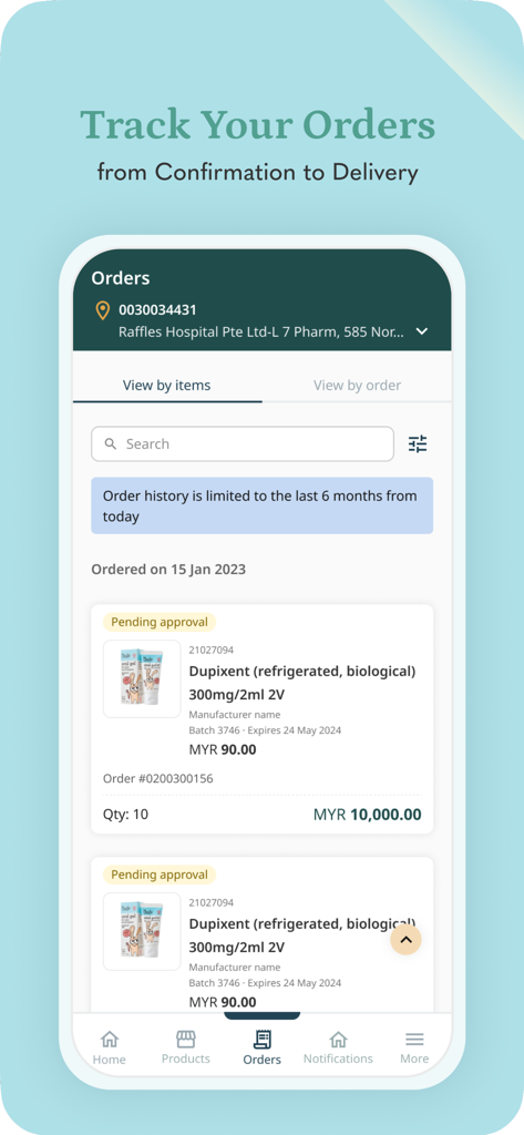 Interface of the EZ Rx app displaying a list of healthcare orders and their tracking status