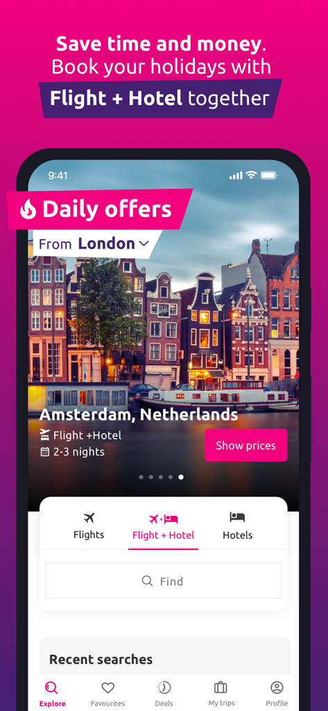 Interfaz de la app lastminute.com mostrando una oferta de paquete de vuelo y hotel para Ámsterdam