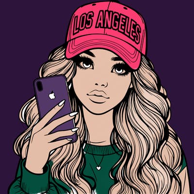 realistic beautiful girl wearing los ángeles cap holding an iphone
