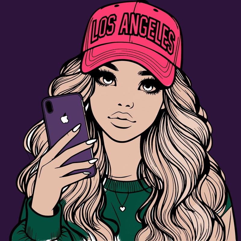 realistic beautiful girl wearing los ángeles cap holding an iphone