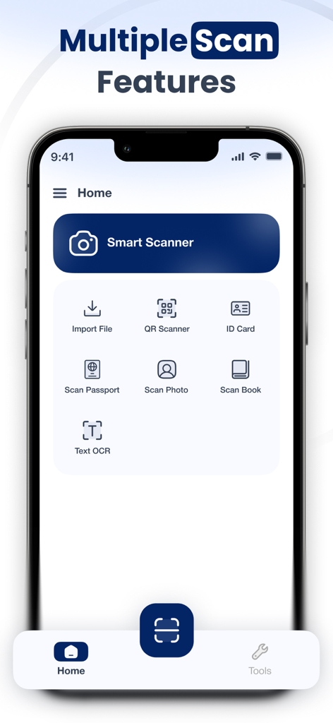 Smart Scanner: Convert PDF Doc - Schermata principale dell'app Smart Scanner che mostra le opzioni di scansione per documenti, ID e riconoscimento testo OCR.