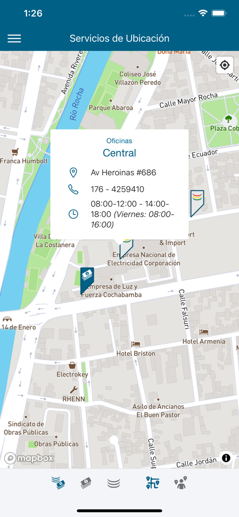 Elfec Móvil - A map screen in the Elfec Movil app showing the central office location and business hours in Cochabamba