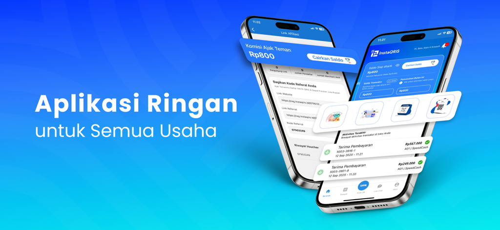 InstaQRIS Cepat & Aman - Interface de l'application mobile InstaQRIS montrant l'historique des transactions et les outils commerciaux sur iPhone