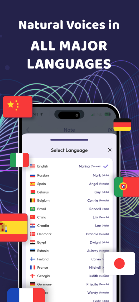 Text to Speech - TTS Reader - Schermata di un'app mobile che mostra un elenco di voci naturali in più lingue per la traduzione da testo a voce.
